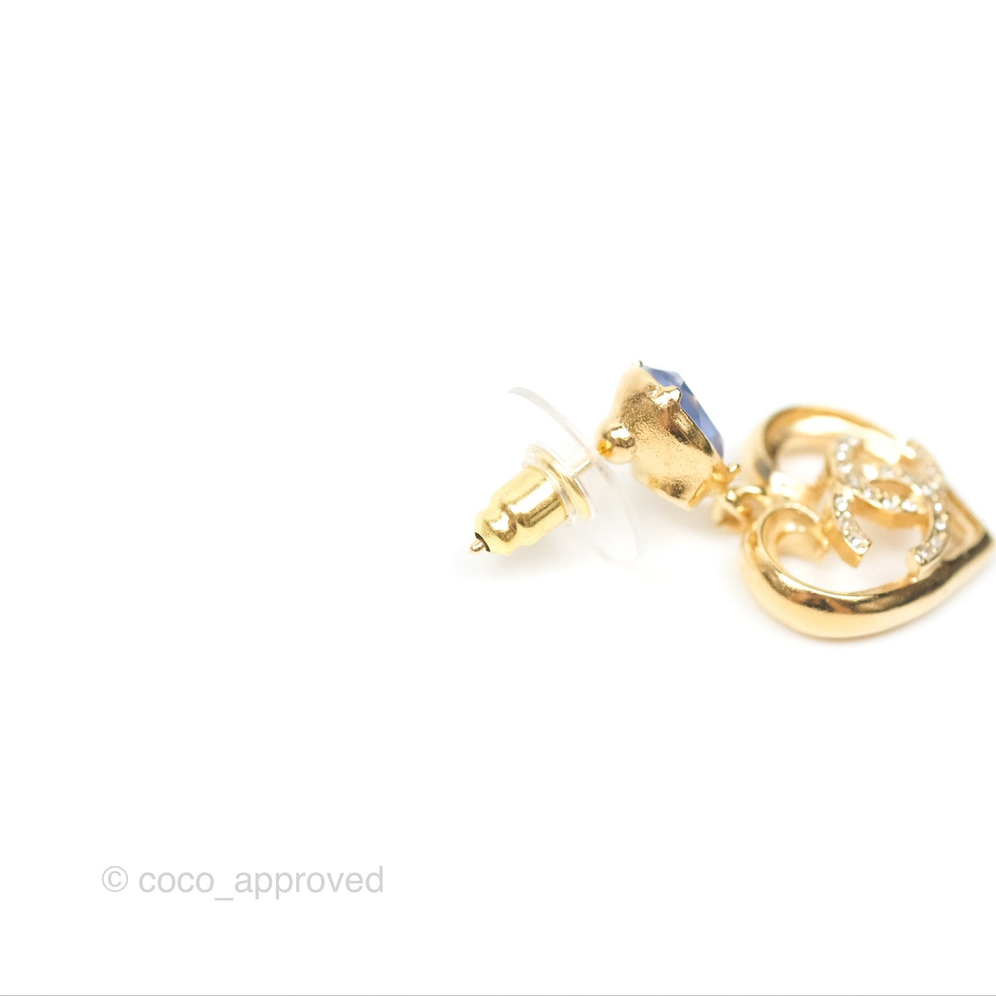 Chanel Oval Blue Resin Heart CC Drop Earrings Gold Tone 23C