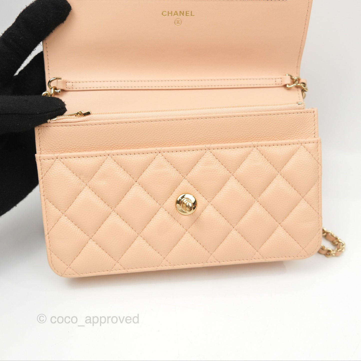Chanel Quilted Bow Wallet On Chain WOC Light Beige Caviar Gold Hardware