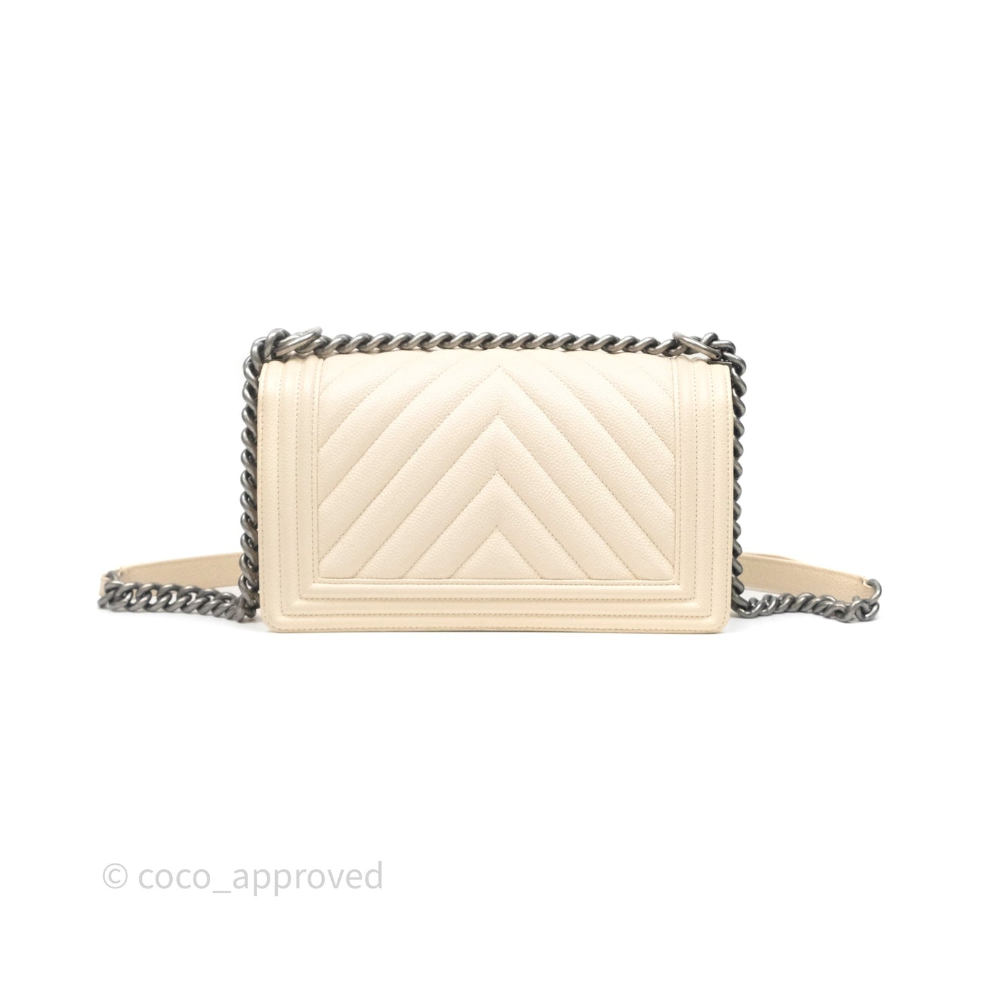Chanel Medium Boy Chevron Beige Caviar Ruthenium Hardware