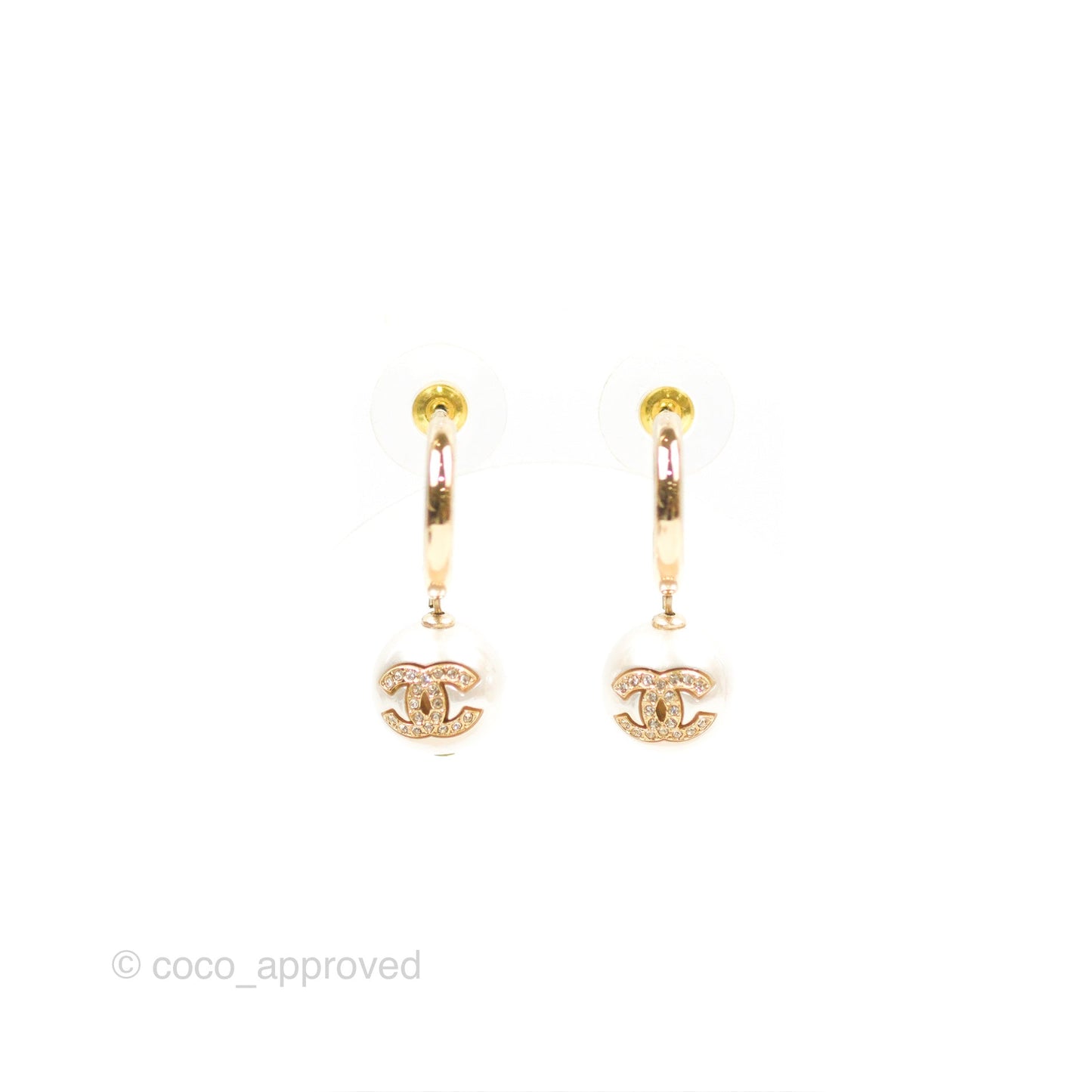 Chanel CC Crystal Pearl Drop Hoop Earrings Gold Tone 22S