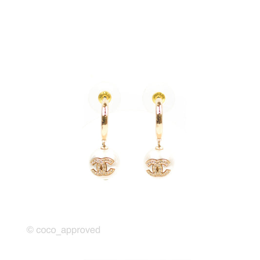 Chanel CC Crystal Pearl Drop Hoop Earrings Gold Tone 22S