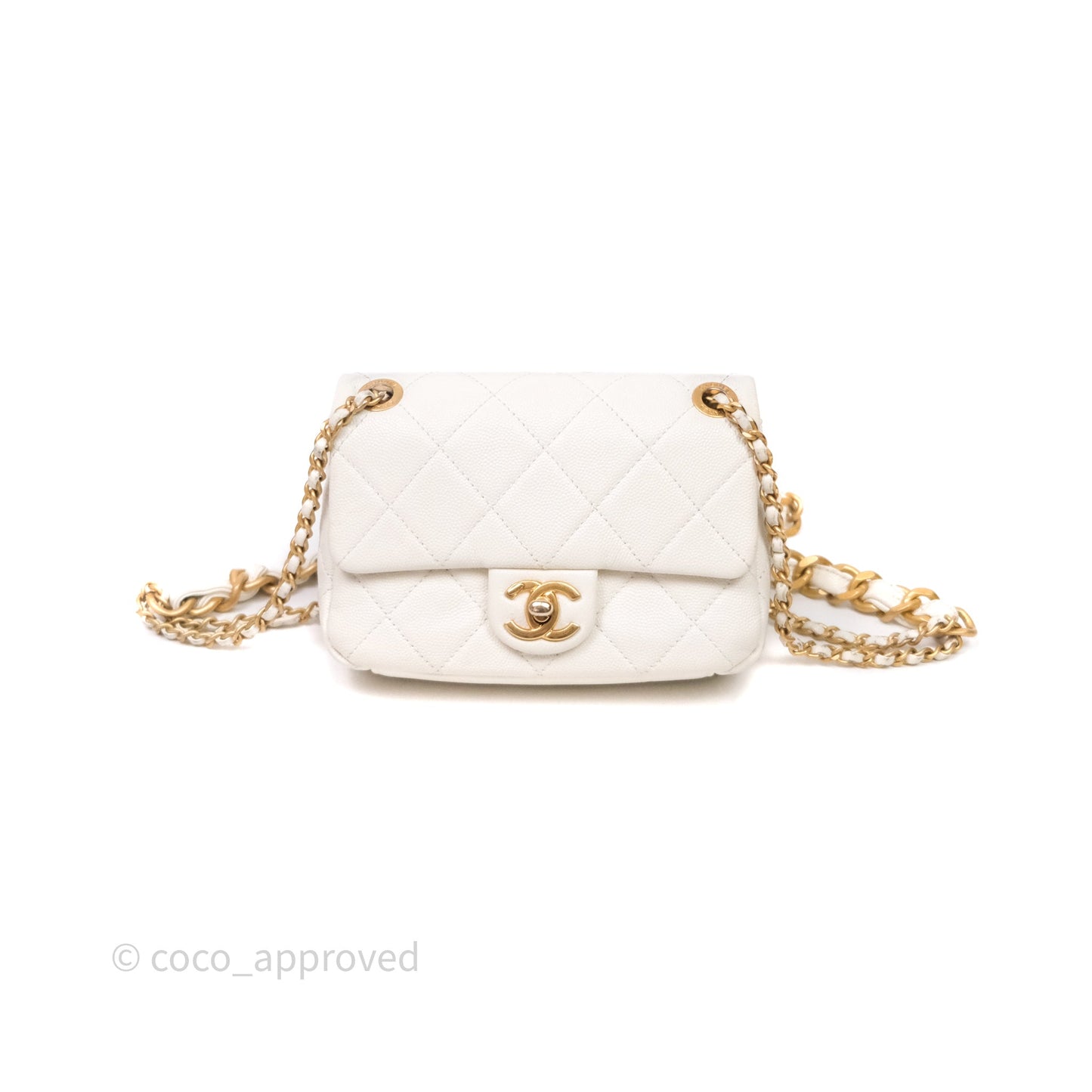 Chanel Mini Flap White Caviar Bag Double Chain Gold Hardware