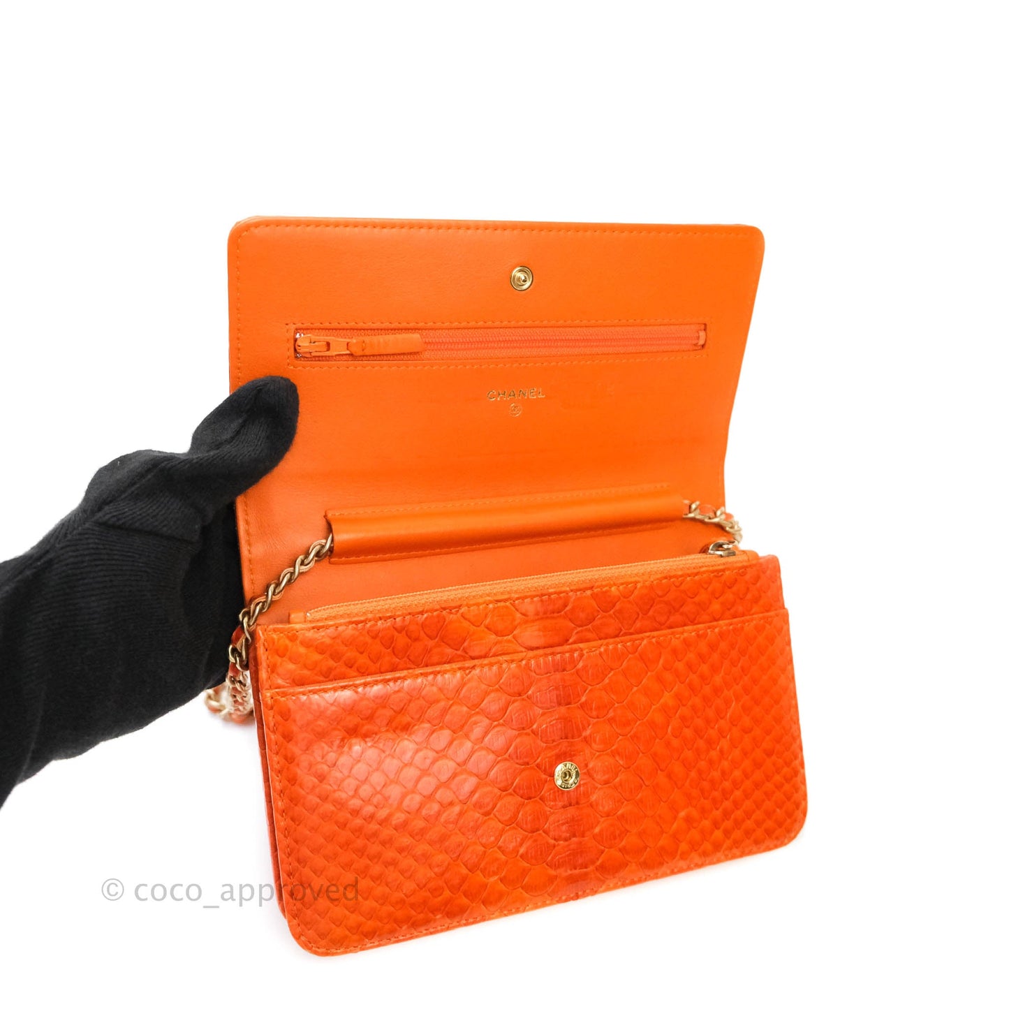 Chanel Wallet on Chain WOC Orange Python Aged Gold Hardware