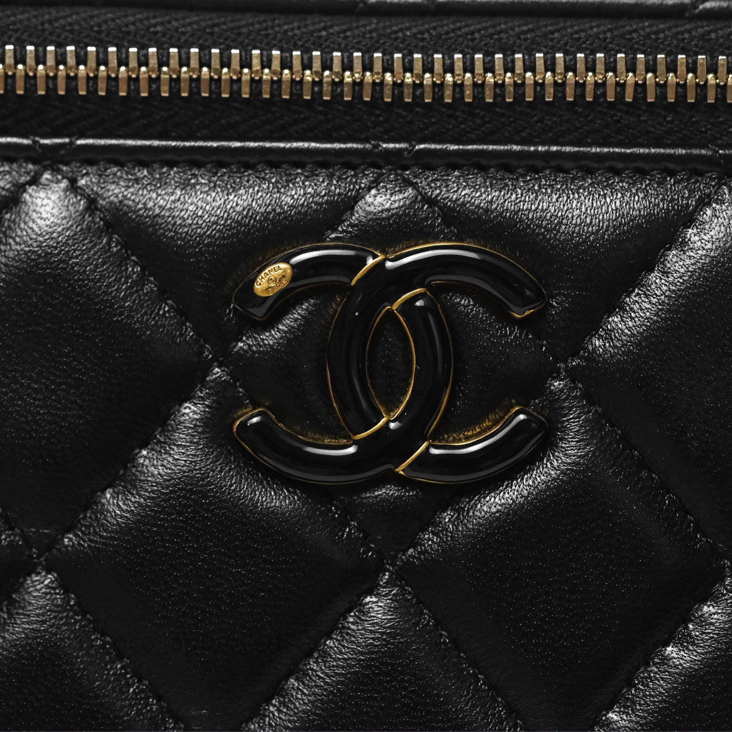 Chanel Vanity with Enamel CC Adjustable Chain Black Lambskin Aged Gold Hardware 24A