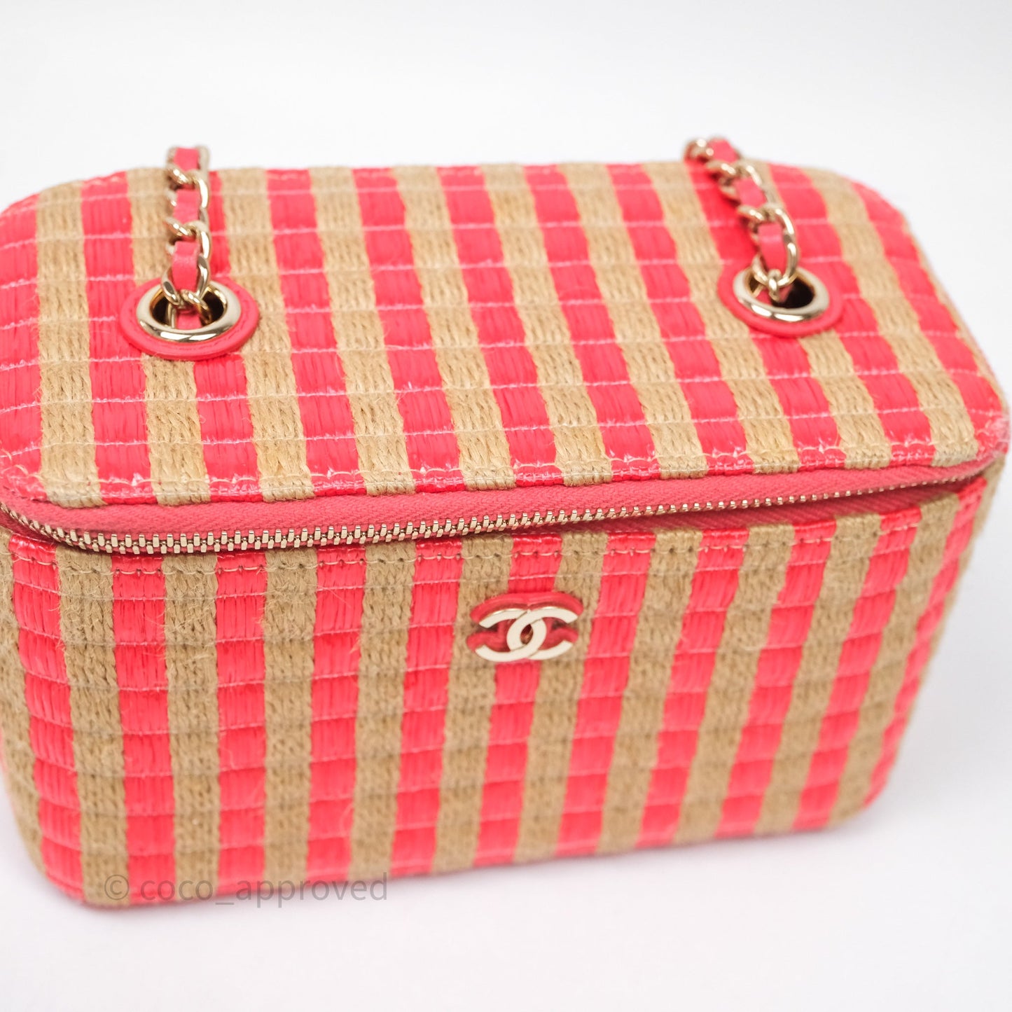 Chanel Vanity With Chain Striped Raffia Orange Gold Hardware