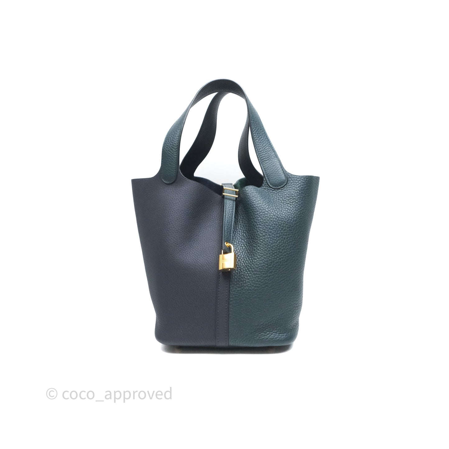 Hermès Picotin Lock 22 Casaque Vert Cyprès 6O/ Bleu Nuit 2Z/ Black Noir 89 Clemence Gold Hardware