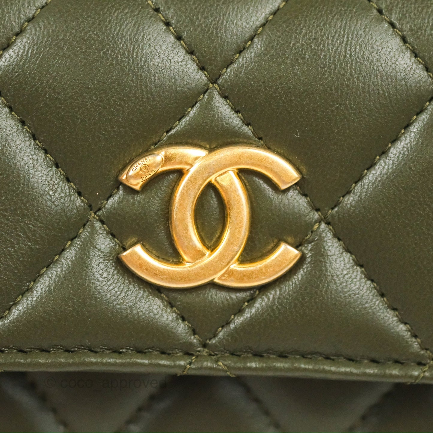 Chanel Top Handle Clutch With Chain Army Green Lambskin Aged Gold Hardware
