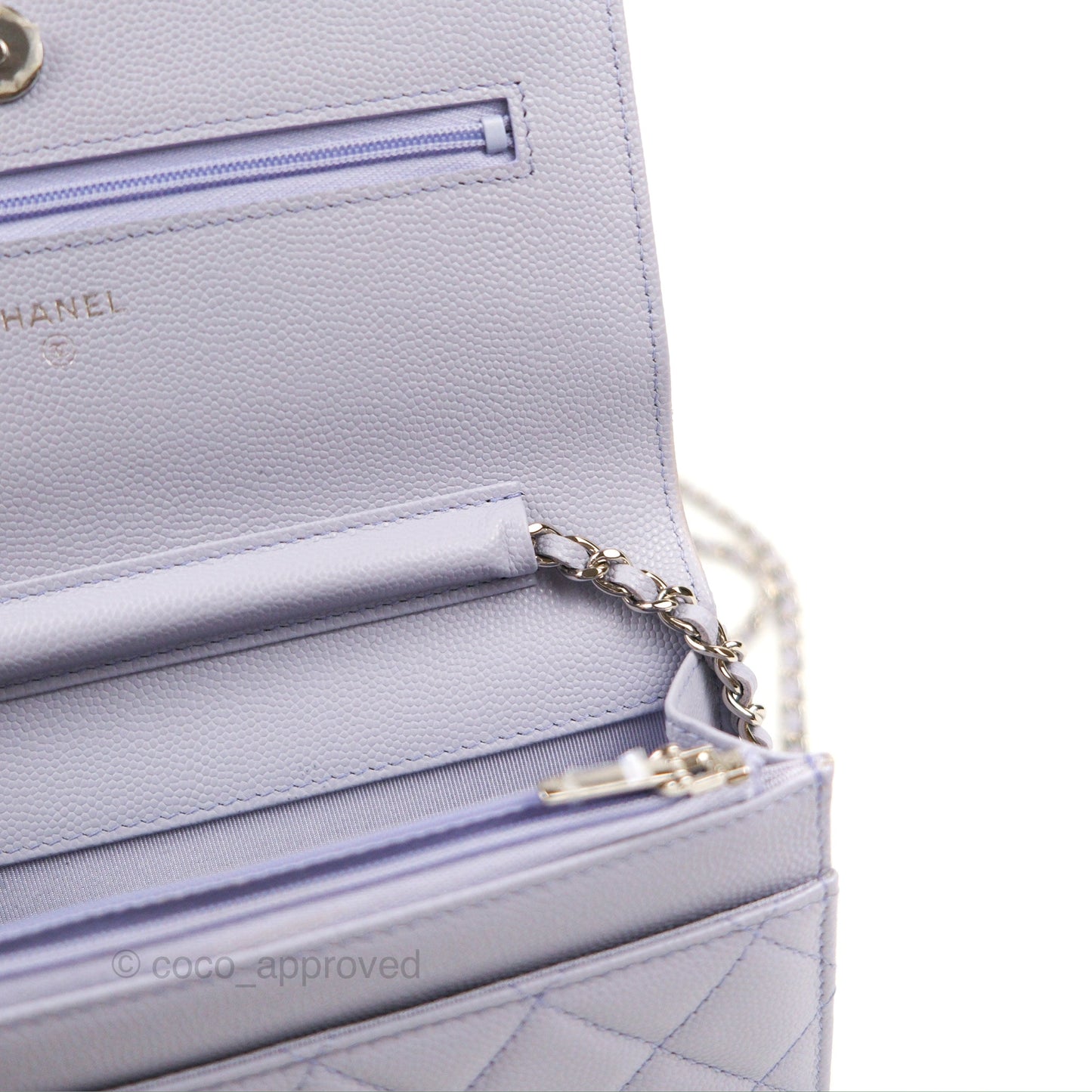 Chanel Quilted Classic Wallet on Chain WOC Lilac Caviar Silver Hardware