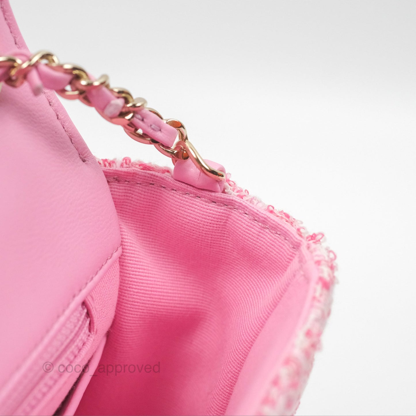 Chanel Flap Bag with Heart Resin Charm Chain Pink Tweed Gold Hardware