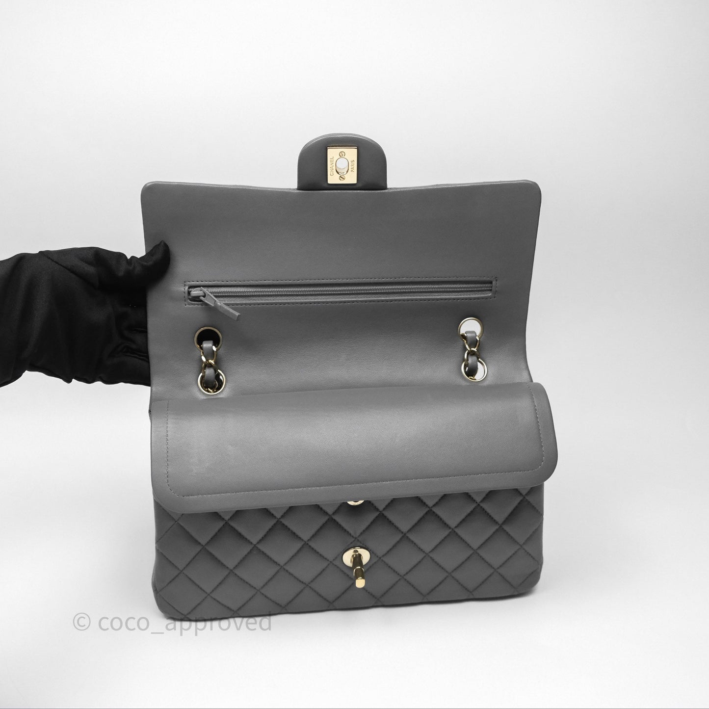 Chanel Classic M/L Medium Flap Quilted Grey Lambskin Gold Hardware