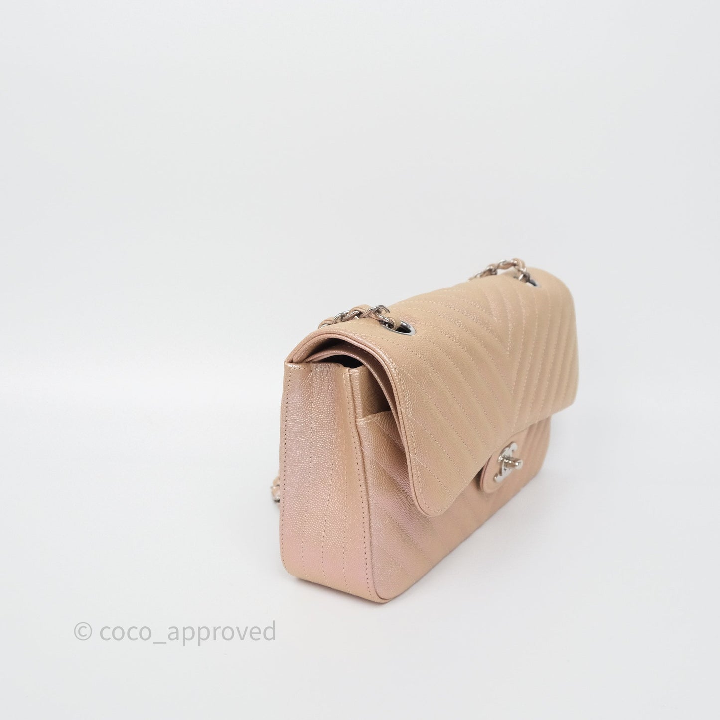Chanel Classic Medium Double Flap Chevron Iridescent Rose Gold Pink Caviar 17B
