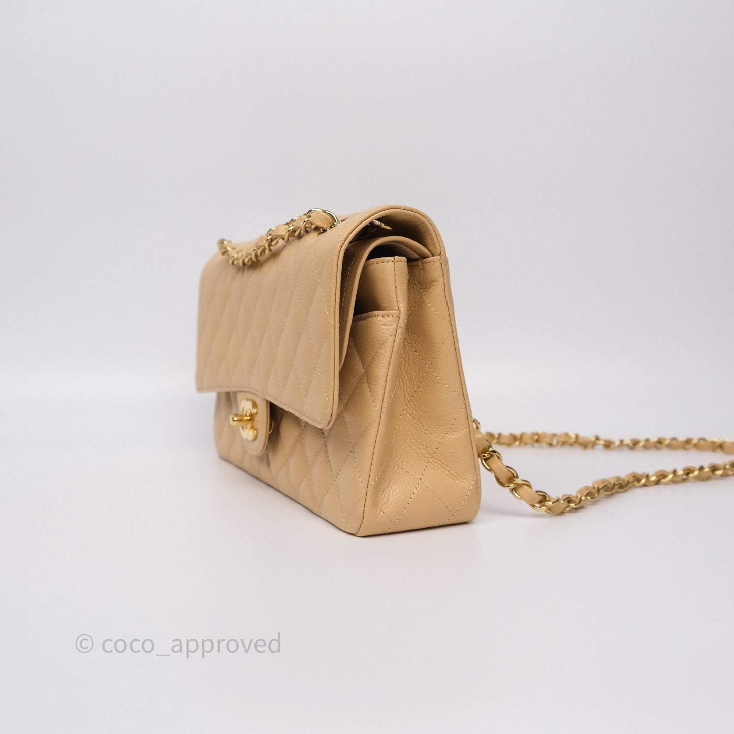 Chanel M/L Medium Classic Flap Quilted Beige Caviar Gold Hardware