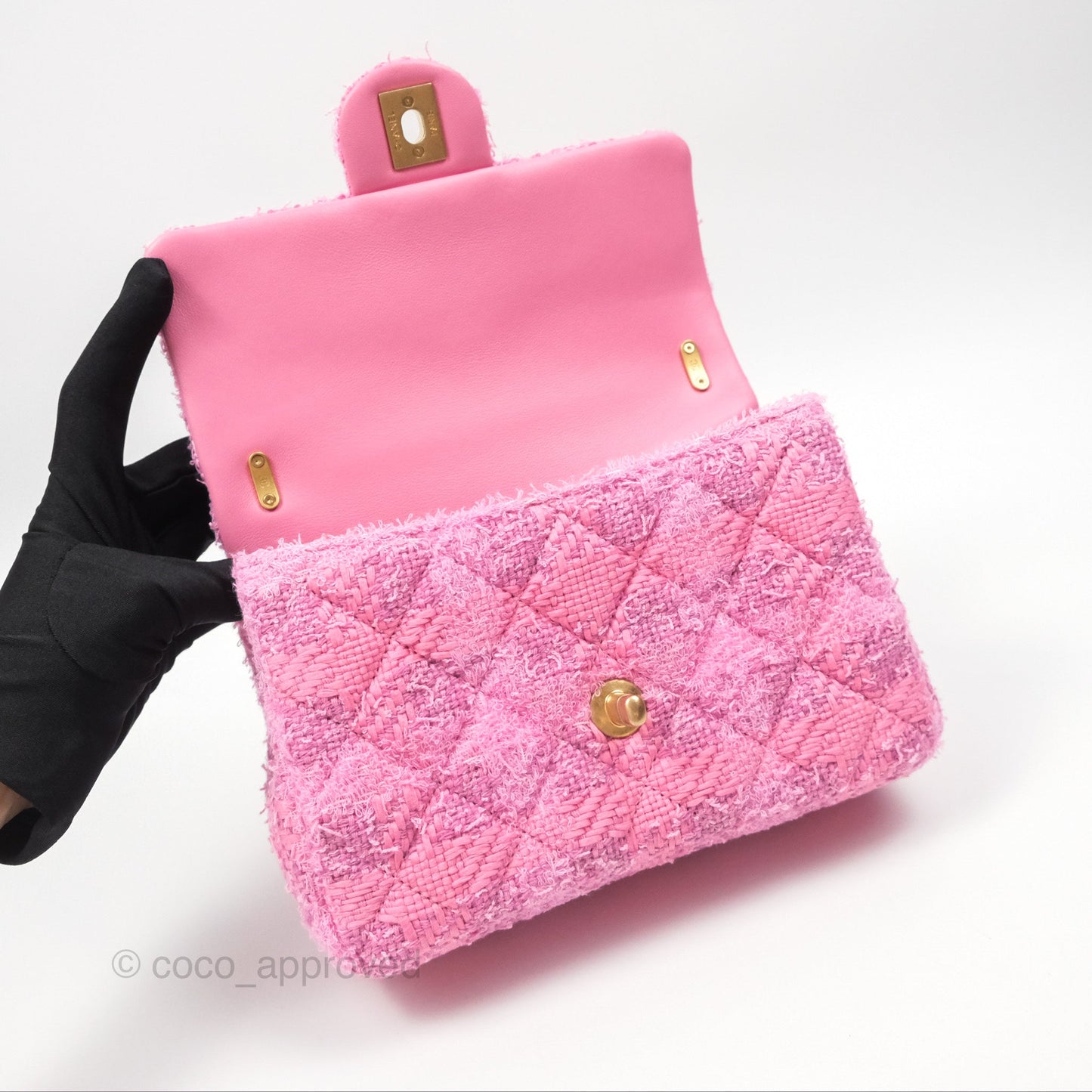 Chanel Mini Flap Bag with Pearl Chain Pink Tweed Aged Gold Hardware