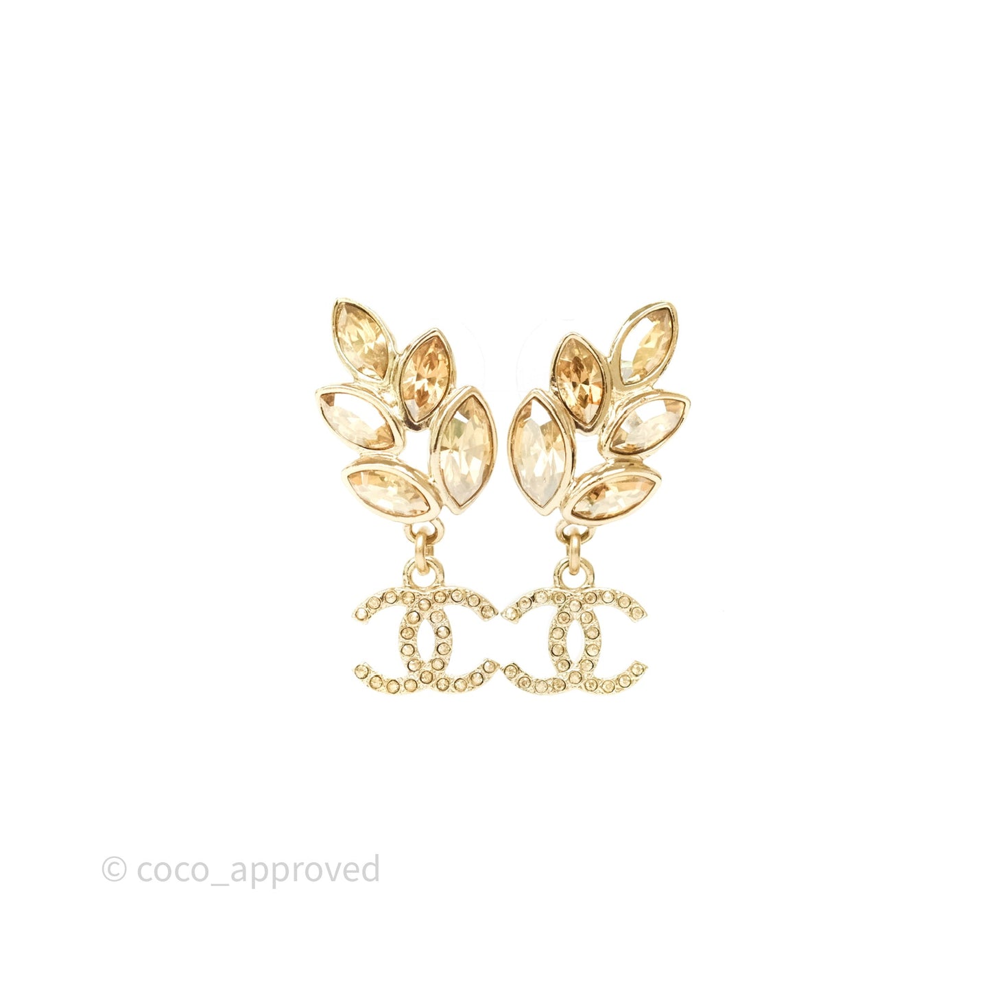 Chanel Crystal Leafy CC Earrings Gold Tone 22K