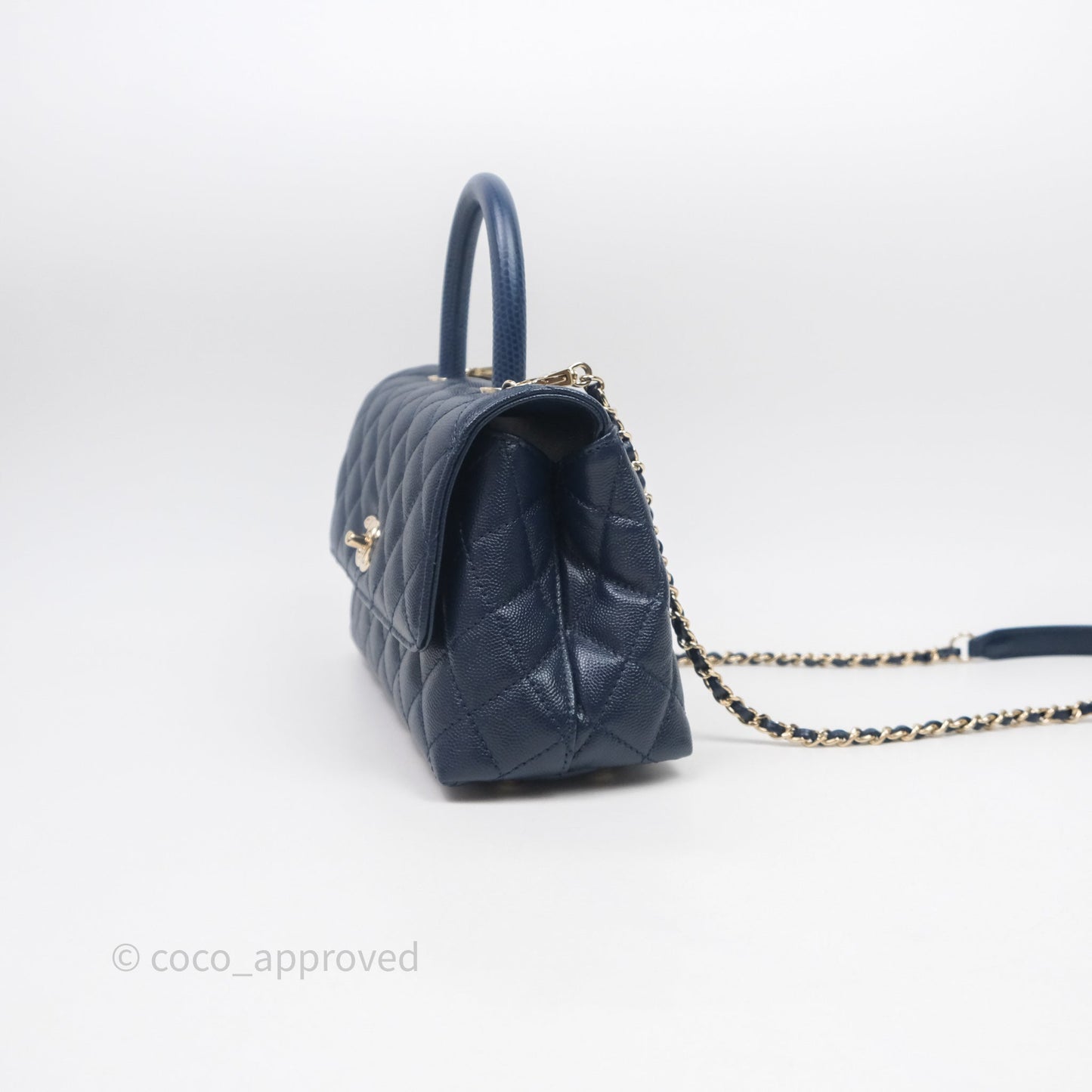 Chanel Small Coco Handle Navy Caviar Gold Hardware Lizard Handle