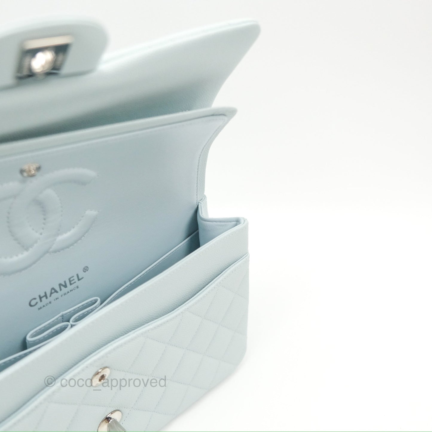 Chanel Medium Classic Flap Quilted Pale Blue Caviar Silver Hardware