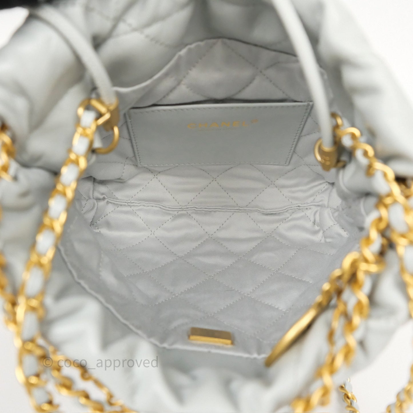 Chanel 22 Mini Bag Light Blue Shiny Crumpled Calfskin Aged Gold Hardware
