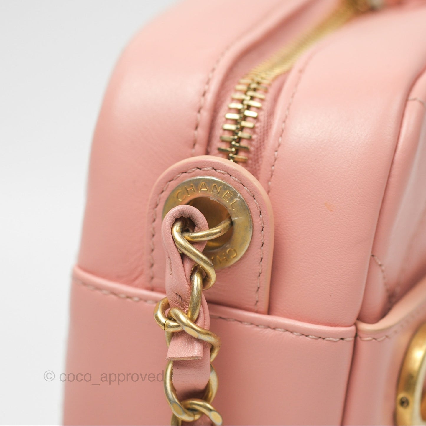 Chanel Logo Enchained Camera Bag Pink Calfskin Aged Gold Hardware