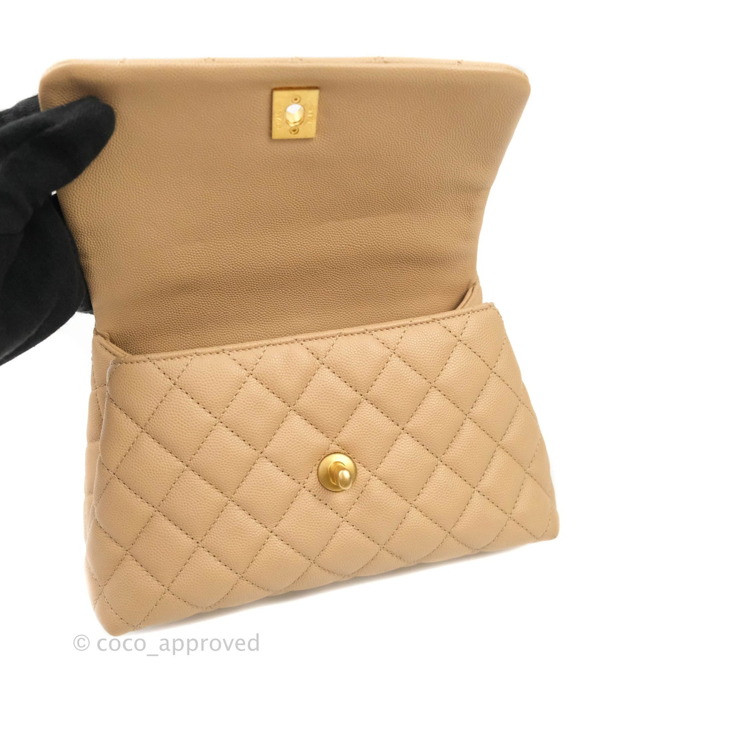 Chanel Mini (Small) Coco Handle Quilted Beige Caviar Gold Hardware Embossed Lizard Handle