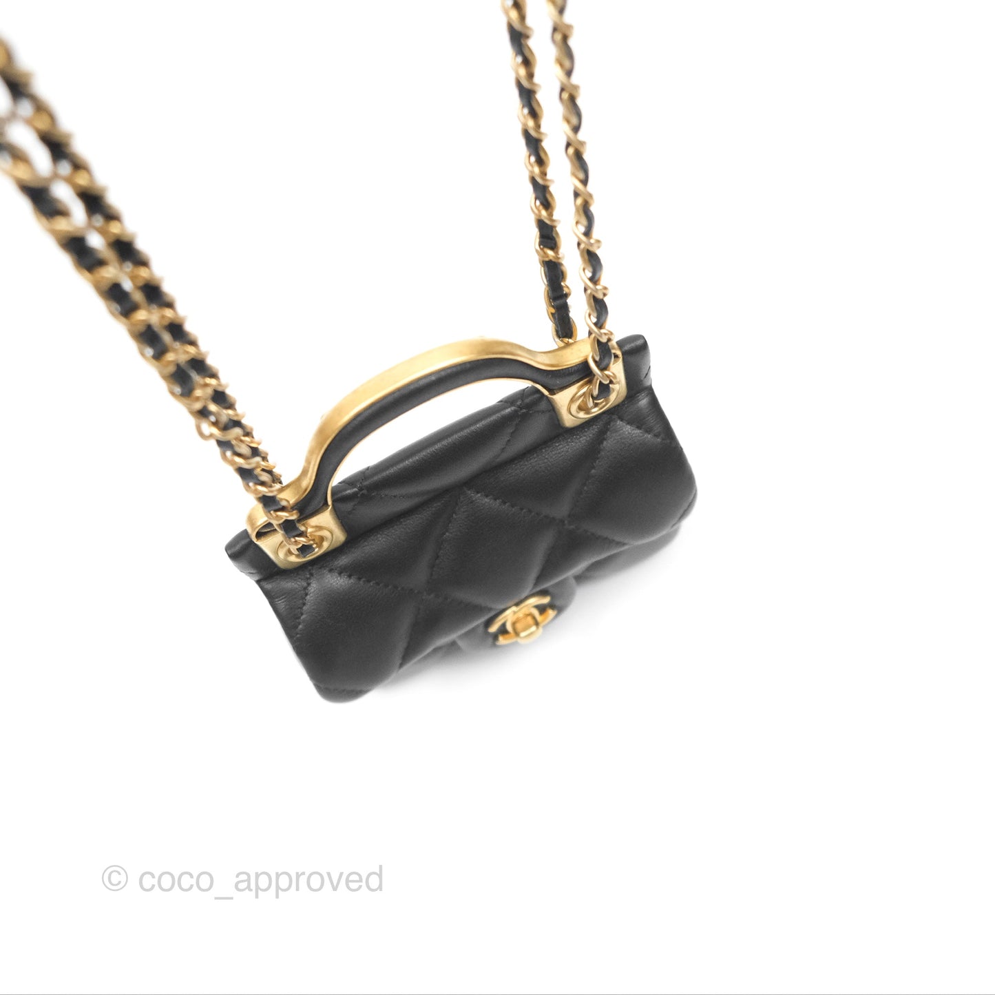 Chanel Lady Handle Flap Card Holder With Chain Black Calfskin Gold Hardware