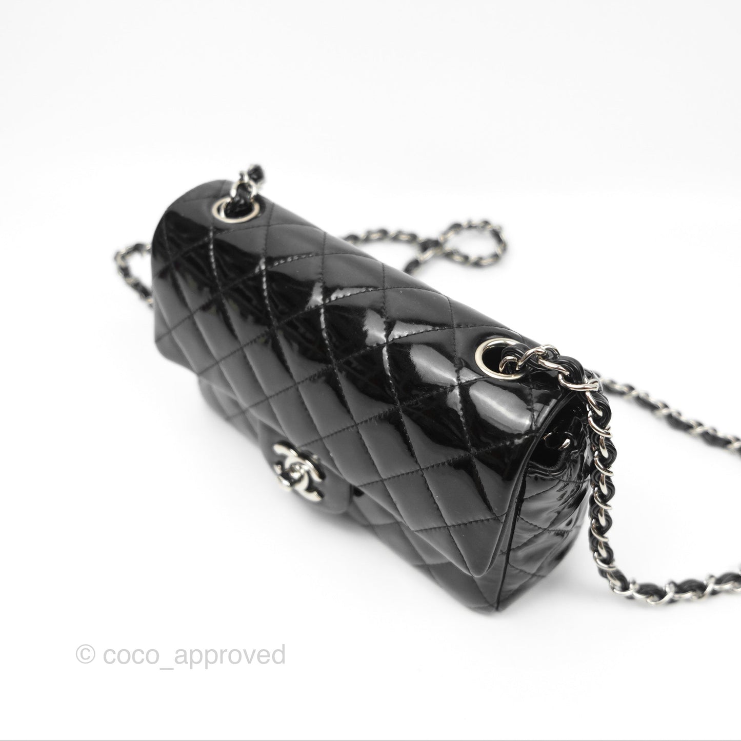 Chanel Quilted Mini Rectangular Flap Black Patent Silver Hardware