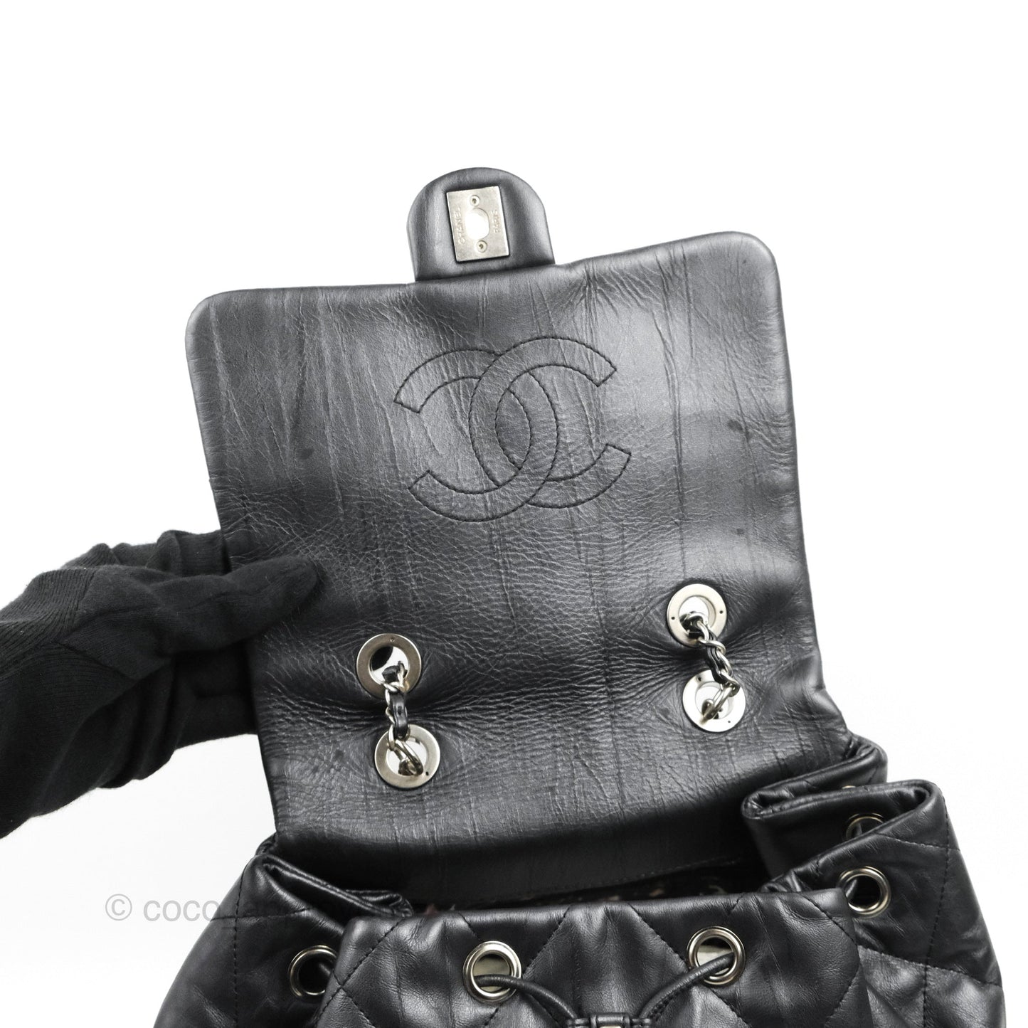 Chanel Ground Control Flap Backpack Quilted Iridescent Dark Grey Aged Calfskin Silver Hardware