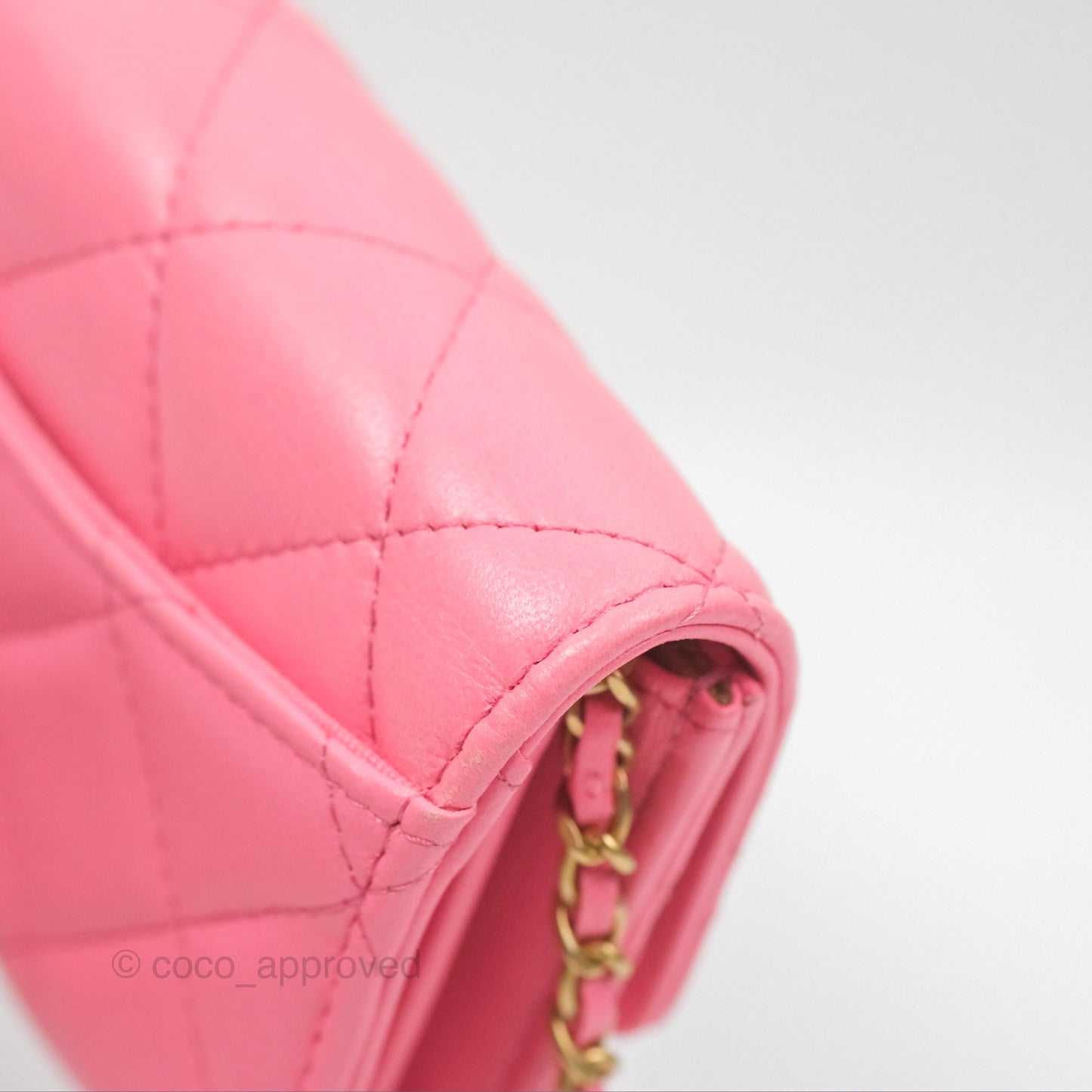 Chanel Pearl Crush Mini Clutch With Chain Pink Lambskin Aged Gold Hardware