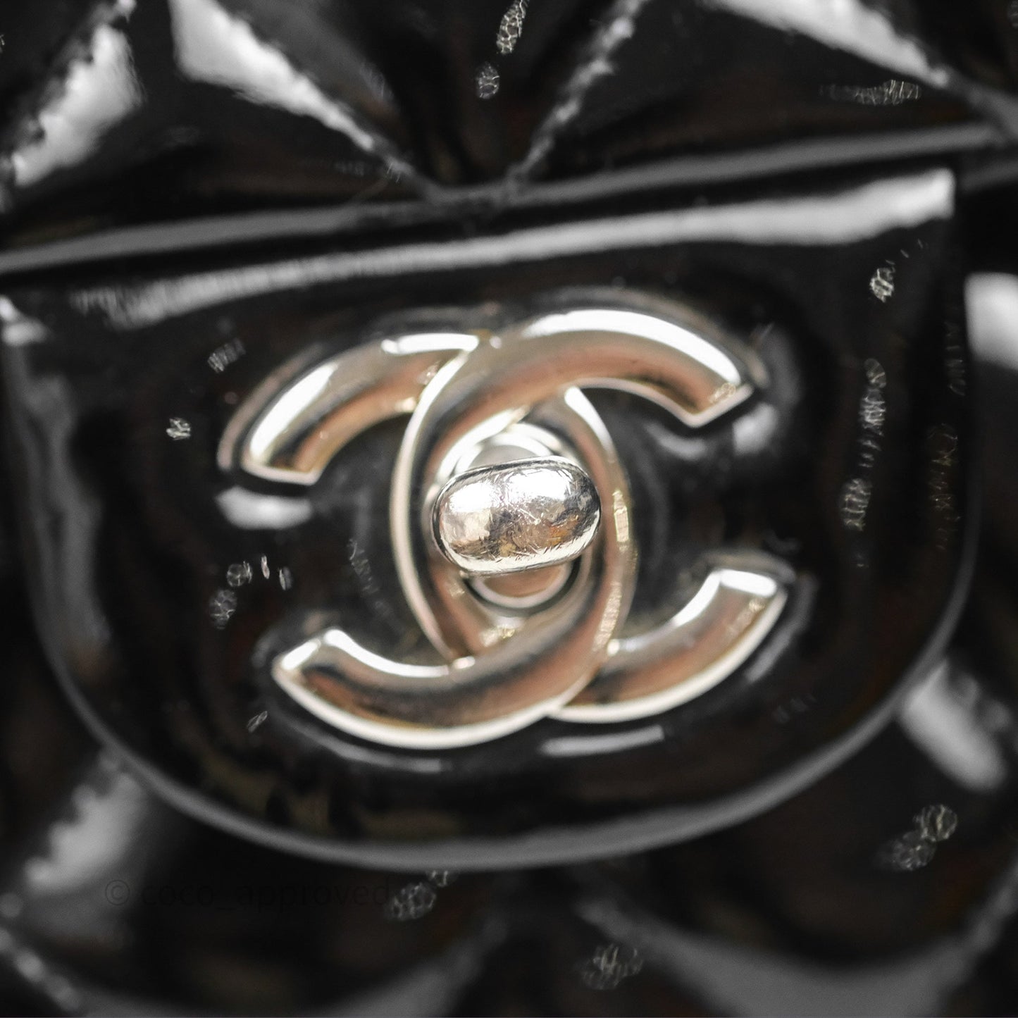 Chanel Classic M/L Medium Flap Quilted Black Patent Silver Hardware
