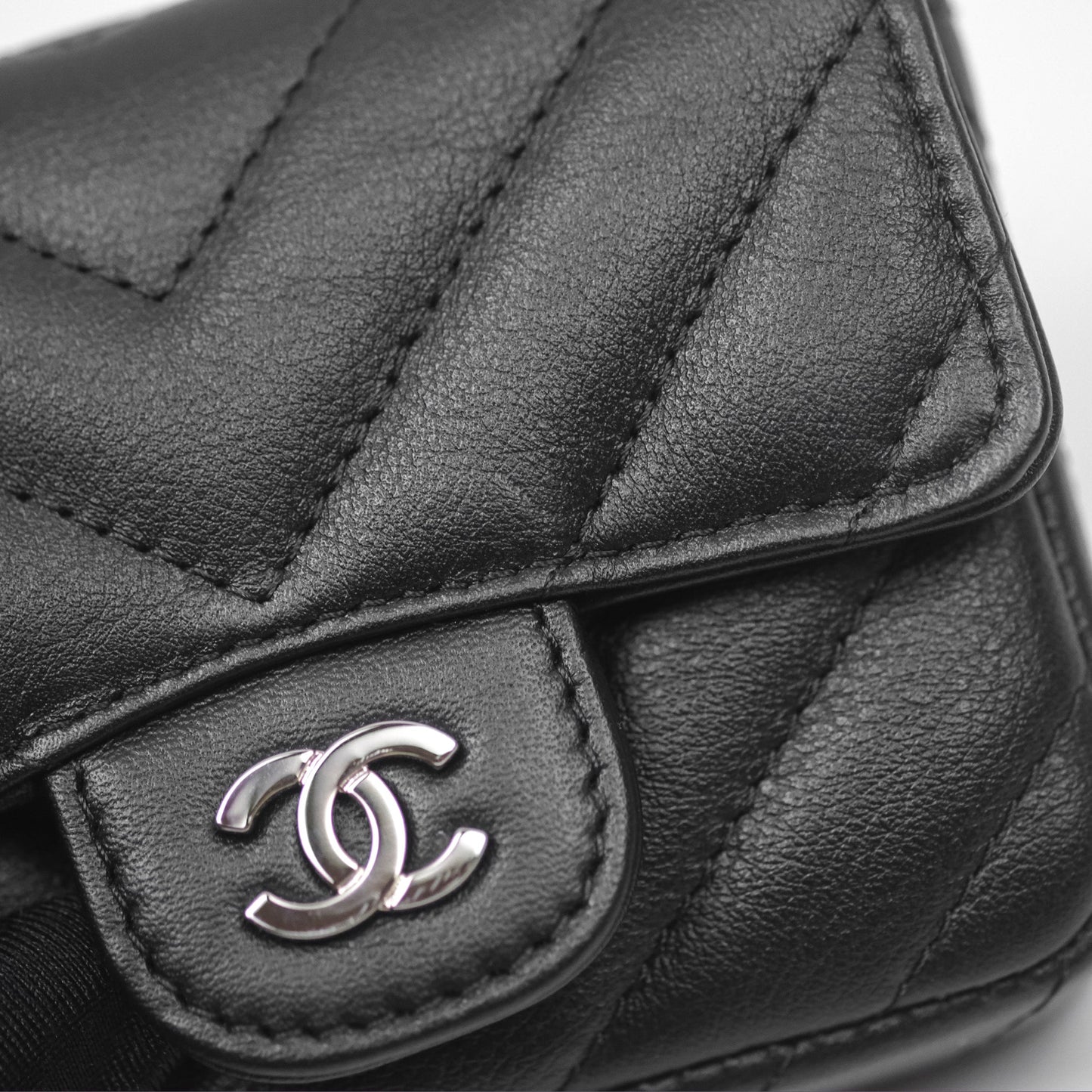Chanel Mini Card Holder Chain Belt Bag Chevron Black Calfskin Silver Hardware