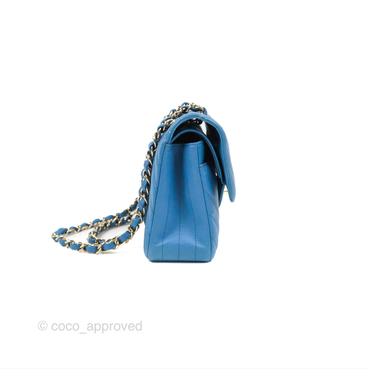 Chanel Small Classic Flap Chevron Blue Caviar Gold Hardware