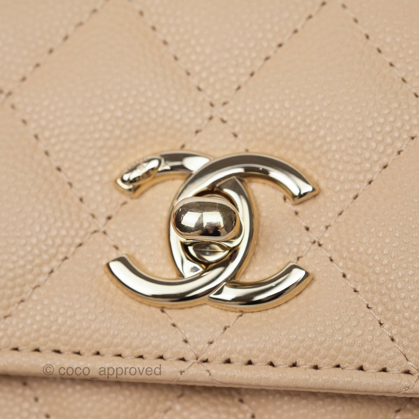 Chanel Coco Handle Clutch with Chain Quilted Beige Caviar Gold Hardware
