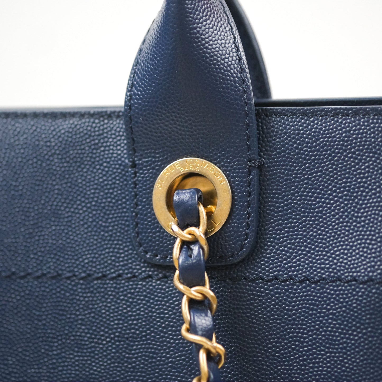Chanel Small Studded Deauville Tote Navy Caviar Aged Gold Hardware