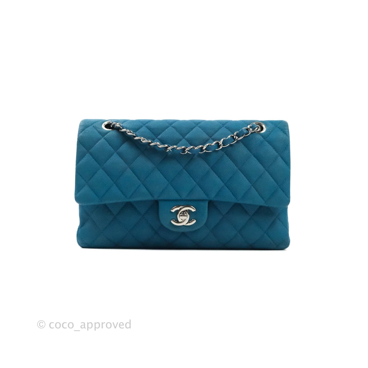 Chanel Classic M/L Medium Double Flap Turquoise Matte Caviar Silver Hardware