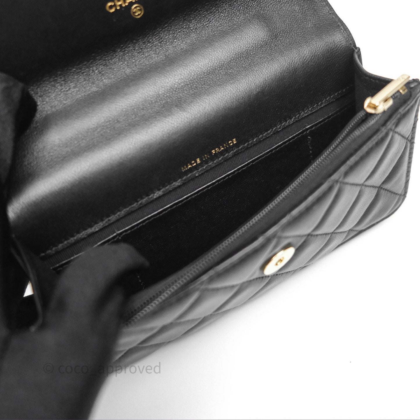 Chanel Camellia Handle Mini WOC Phone Holder with Chain Black Lambskin 23K