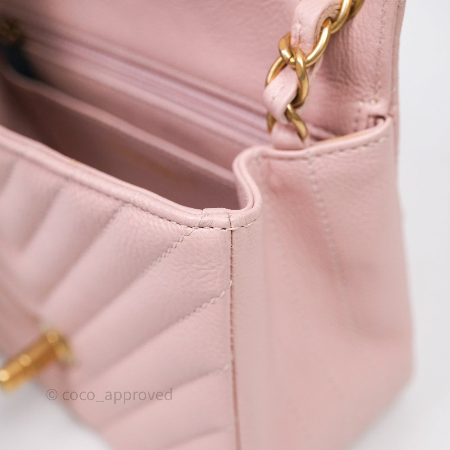 Chanel Mini Square Chevron Pink Calfskin Aged Gold Hardware