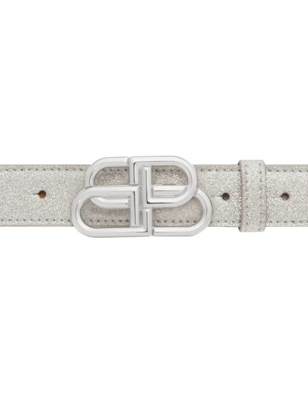 Luxury Balenciaga BB Buckle Glitter Calf Leather Belt Silver