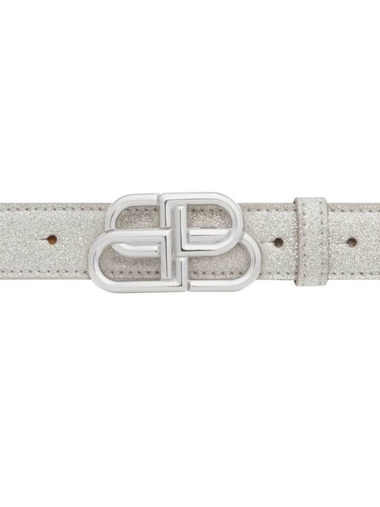 Luxury Balenciaga BB Buckle Glitter Calf Leather Belt Silver
