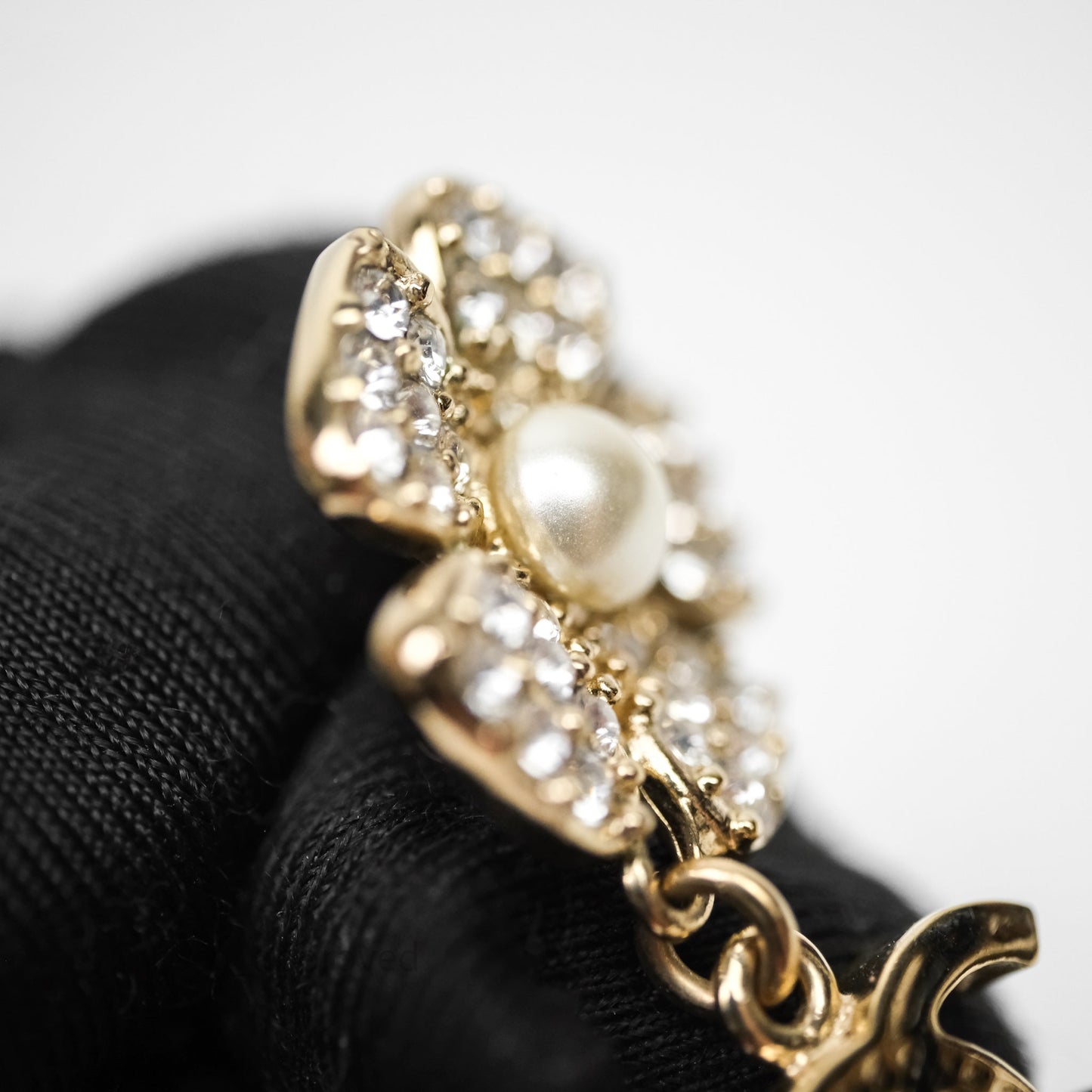 Chanel Crystals Pearl Flower Drop CC Earrings Gold Tone 23S