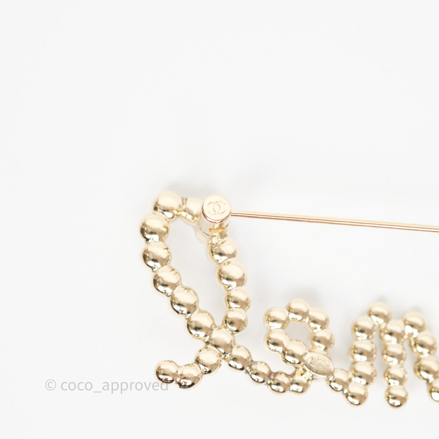 Chanel Logo Pearl Crystal Brooch Gold Tone 20V