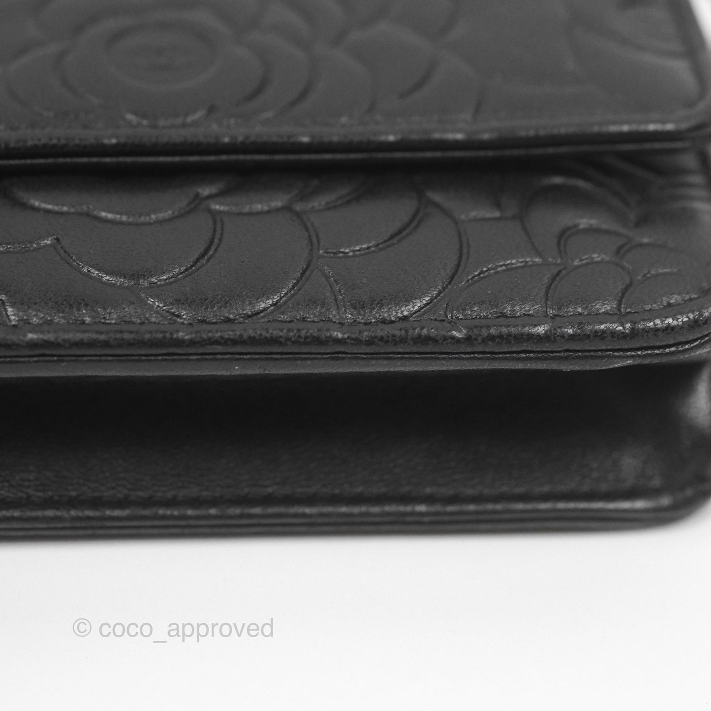Chanel Camellia Embossed Wallet on Chain WOC Black Lambskin Silver Hardware