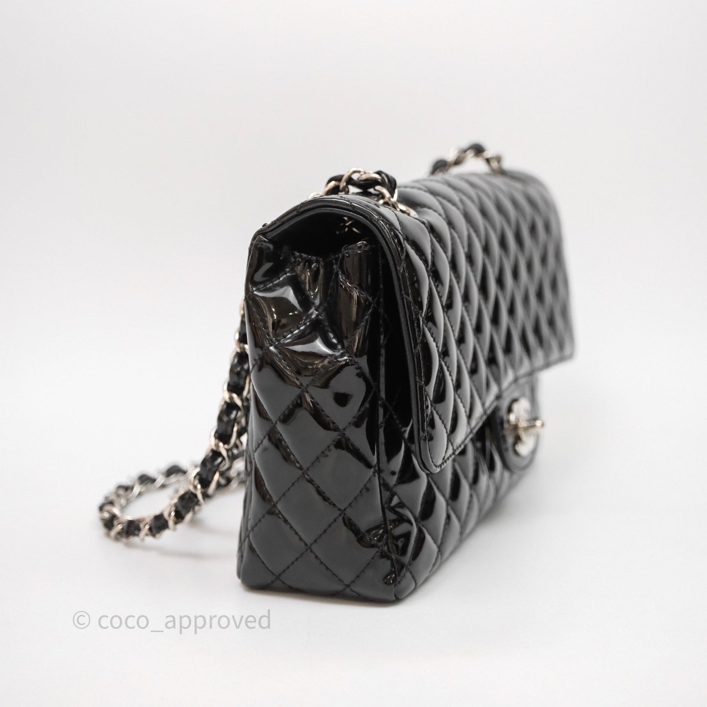 Chanel Quilted Medium Flap Black Patent Silver Hardware