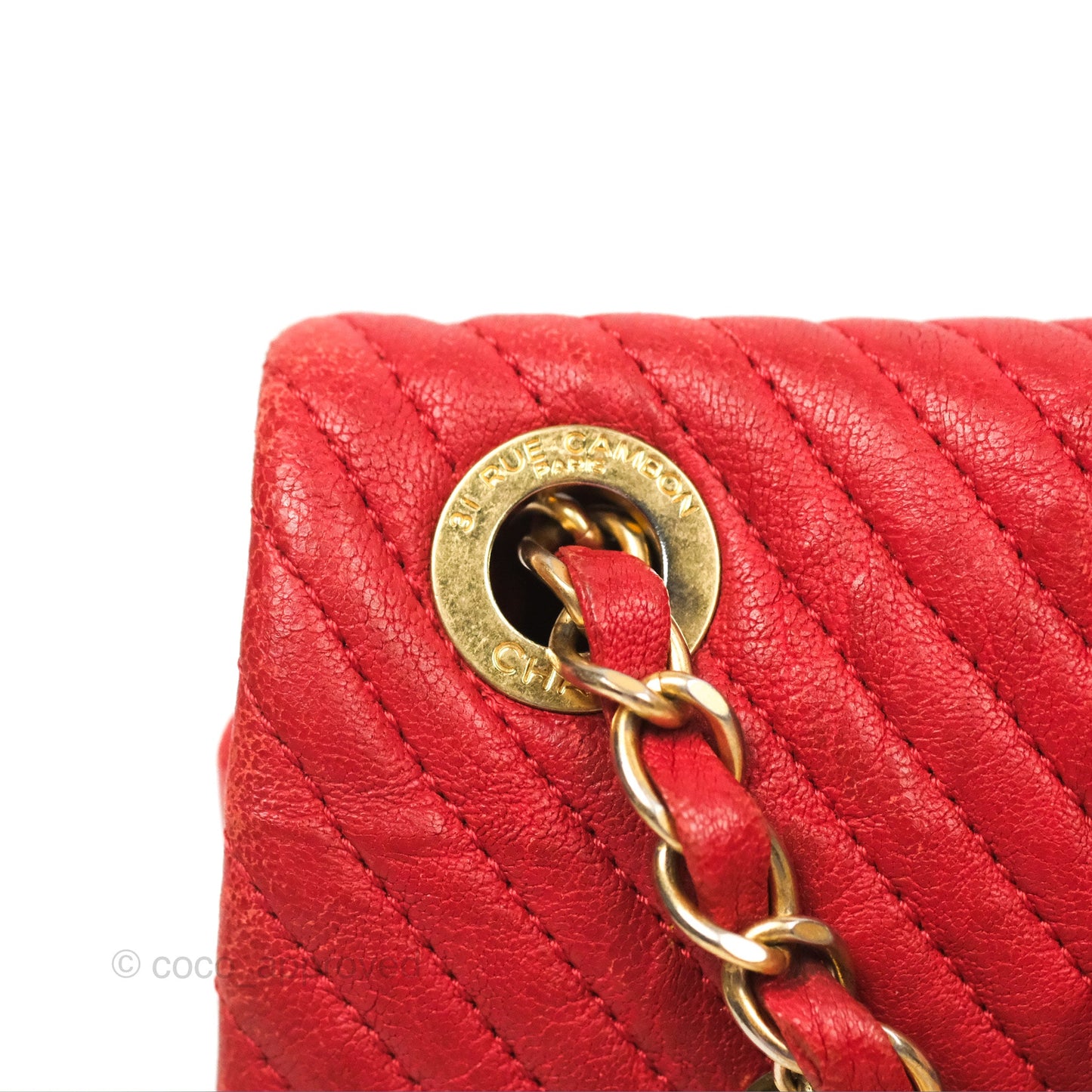 Chanel Small Chevron Surpique Flap Red Calfskin Aged Gold Hardware