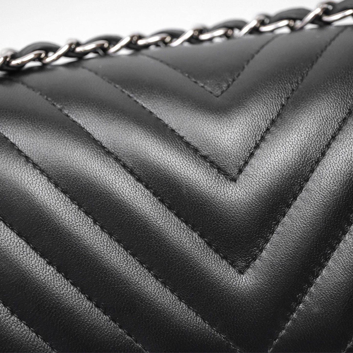 Chanel Classic M/L Medium Flap Chevron Black Lambskin Silver Hardware