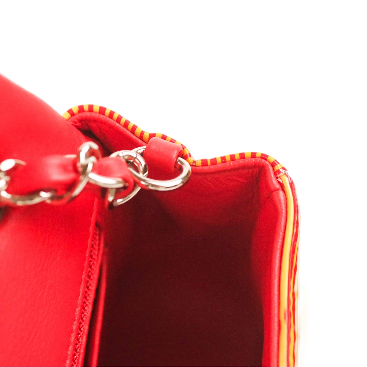 Chanel Mini Rectangular Flap Bag Orange Red Striped Patent Silver Hardware