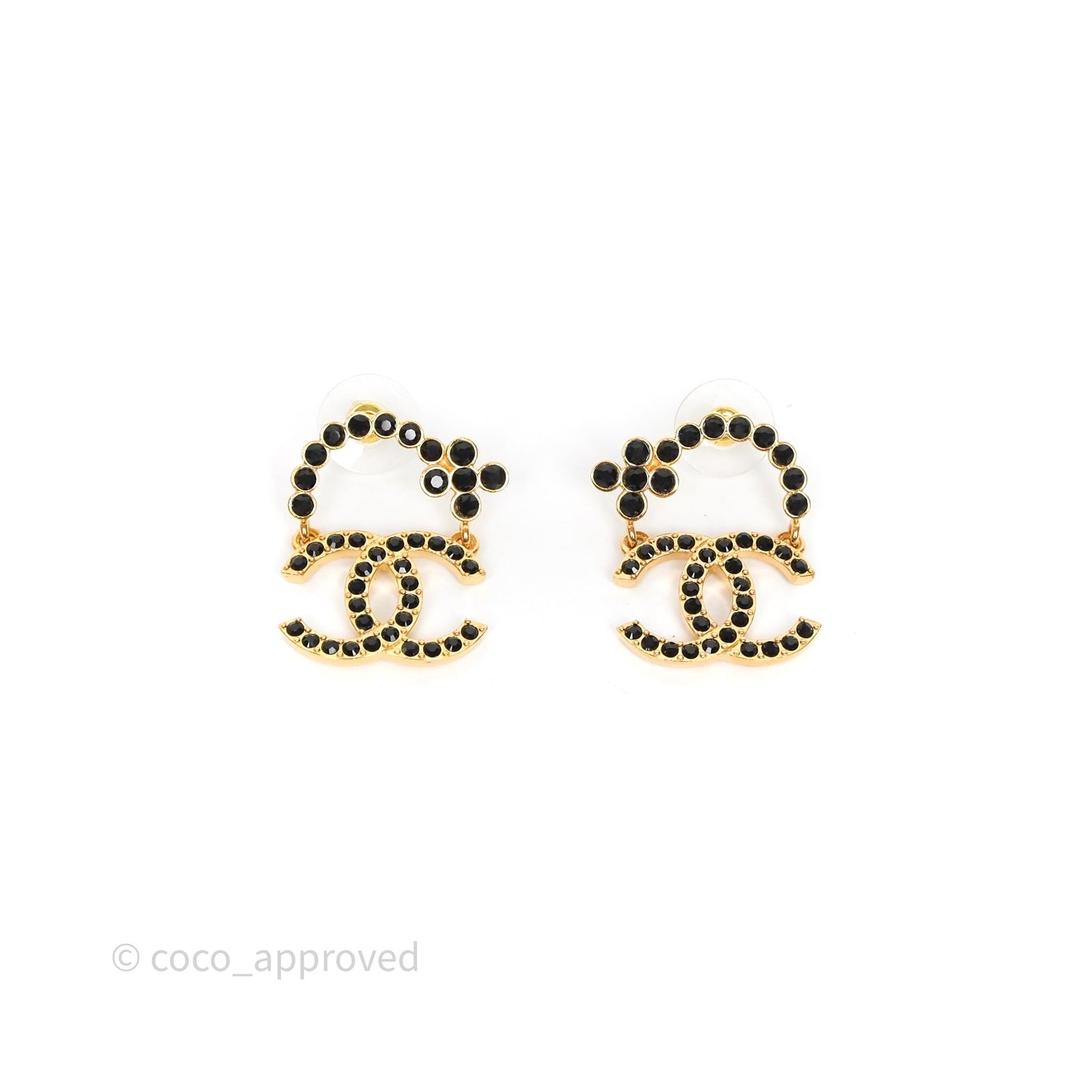 Chanel Black Crystal CC Floral Earrings Gold Tone 23A