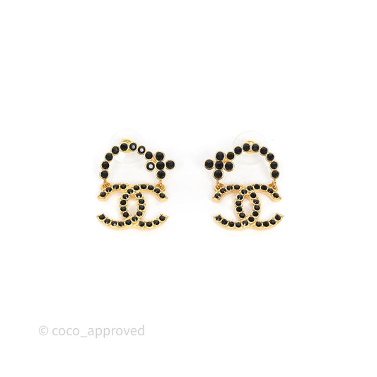 Chanel Black Crystal CC Floral Earrings Gold Tone 23A