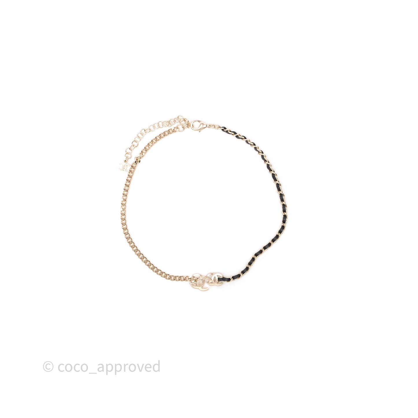 Chanel Double CC Crystals Black Leather Chain Choker Gold Tone 23V