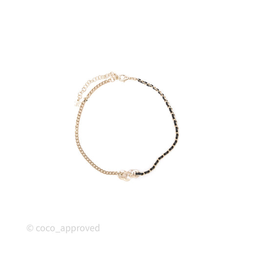 Chanel Double CC Crystals Black Leather Chain Choker Gold Tone 23V
