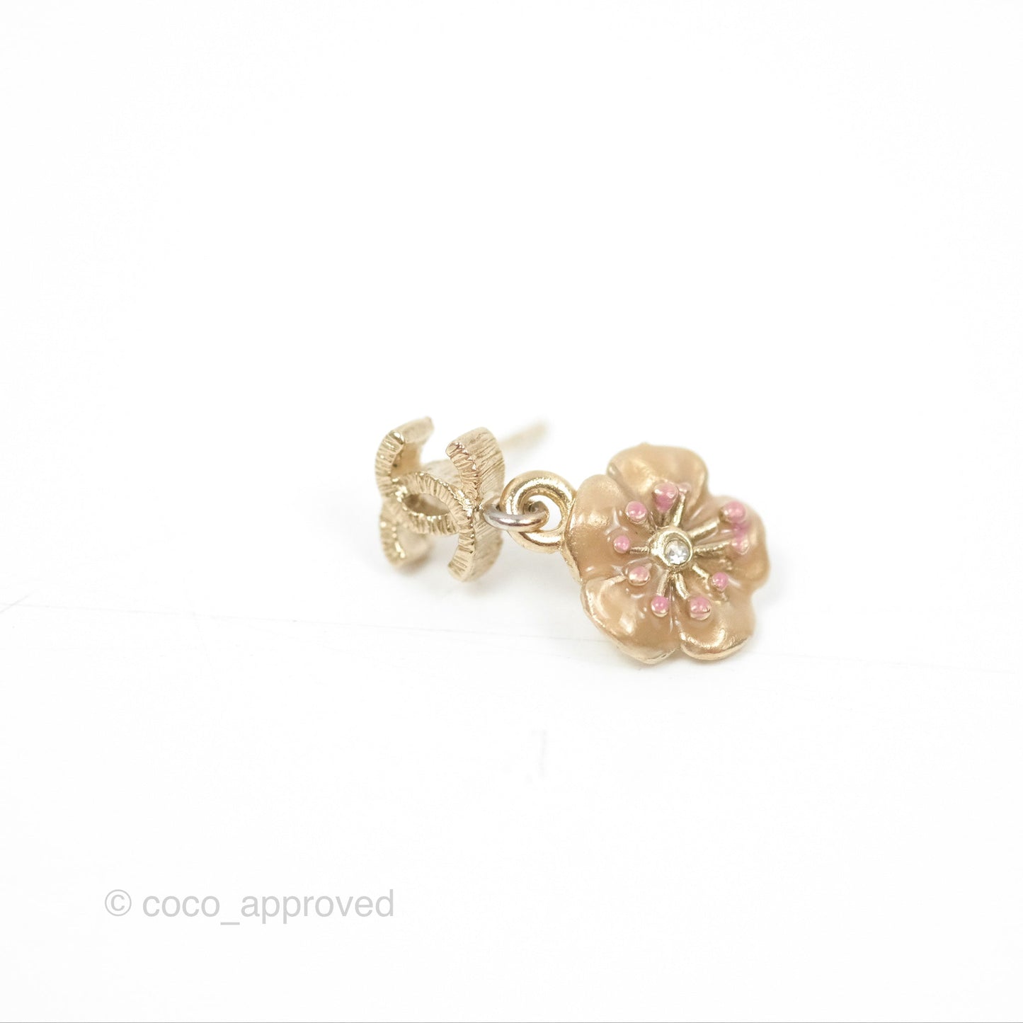 Chanel CC Camellia Drop Earrings Gold Tone 13C