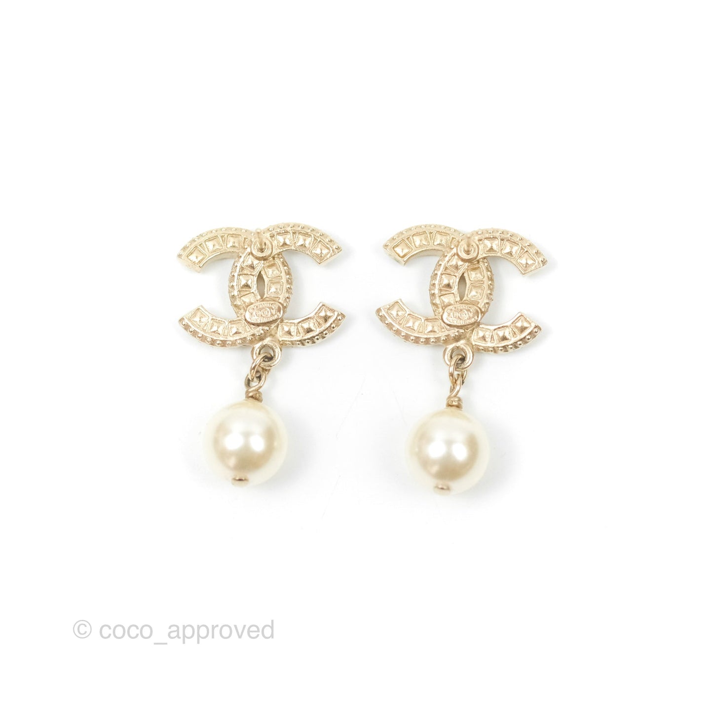 Chanel Crystal CC Pearl Drop Earrings Gold Tone 19V
